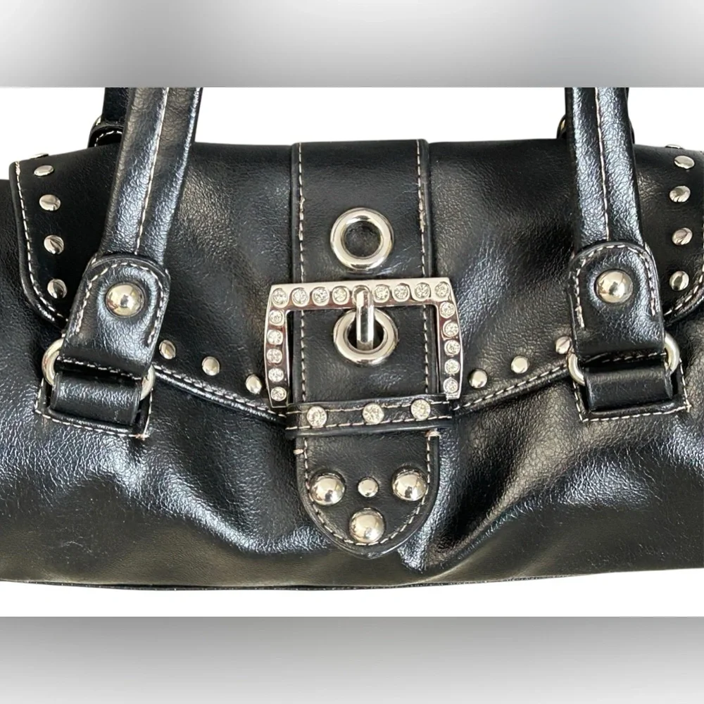 Kathy Van Zeeland Y2K Black Tootsie Roll Purse Satchel Side Zip Rhinestone - Picture 3 of 16